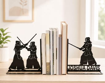 Personalized Kendo Metal Bookend, Custom Sword Fighter Book Stopper, Martial Arts Shelf Art