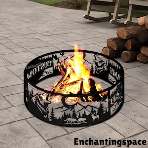 Personalized Bear Hunting Fire Pit Ring, Metal Fire pits for outside Decor, Custom Wildlife Fire Ring CampSite Art, Gift for Hunting Lovers