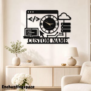 May include: A black wall clock featuring a computer-themed design with a browser window, code brackets, a cloud icon, and a server rack. The clock face has gold hands and black numbers. The text CUSTOM NAME is displayed in bold capital letters.