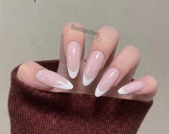 Pink French Tip Press On Nails, Everyday Simple Nail Art, Classic Clean Design