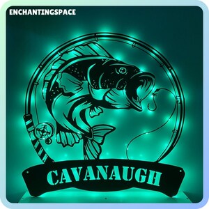 Personalized Fish Metal Wall Art LED Light, Personalized Fishing Name ...