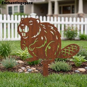 May include: A rust-colored metal garden stake shaped like a beaver with a textured tail and cut-out details. The silhouette features a rounded body, prominent front teeth, and a pointed stake base for insertion into the ground.