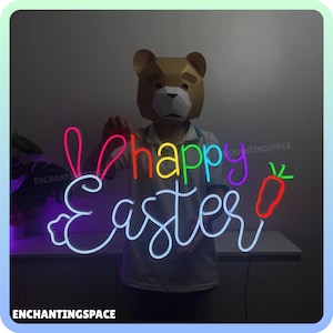 Letrero de neón de Pascua, letrero LED de conejo de Pascua, luces LED de neón personalizadas, decoraciones de pared de Pascua, arte de pared de neón de conejo de Pascua