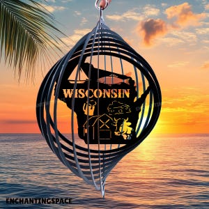 Girandola eolica personalizzata del Wisconsin, decorazioni da giardino del Wisconsin, idee regalo per papà, cartello in metallo con girandola, ornamenti da esterno