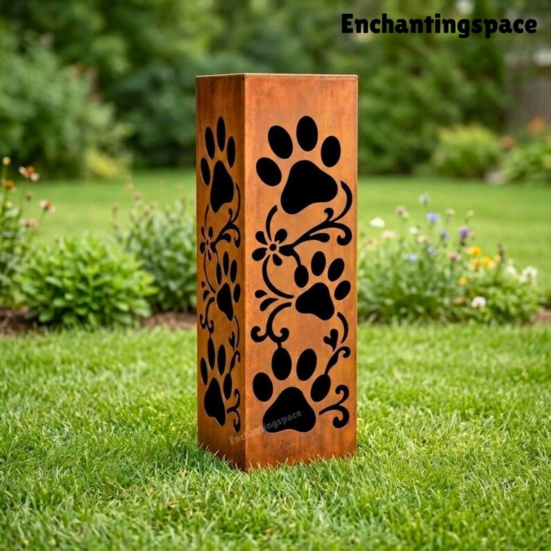 Rusty Metal Dog Paw Garden Column, Weathered Pet Outdoor Yard Sculpture ...
