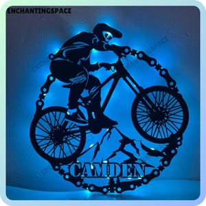 Mountain Bike Racer Metal Wall Art LED Light, Bike Store Name Sign Decorations, Mountain Biking Metal Sign Wall Decor, Biker LED Light