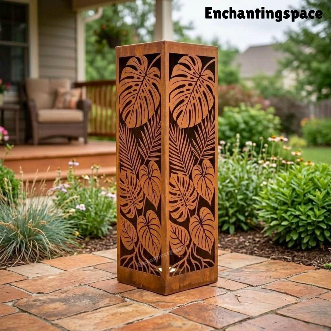 Rustic Tropical Leaf Metal Garden Column, Rusted Botanical Steel ...