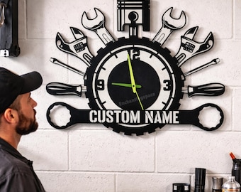 Custom Mechanic Metal Wall Clock, Auto Repair Shop Clock for Technician, Garage Wall Decor, Mechanic Business Gift