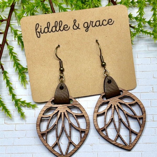 Earrings | Wood and Leather Earrings | Wood Earrings | Leather Earrings| Mandala Earrings