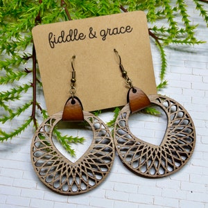 Earrings | Wood and Leather Earrings | Wood Earrings | Leather Earrings| Mandala Earrings