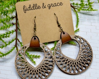 Earrings | Wood and Leather Earrings | Wood Earrings | Leather Earrings| Mandala Earrings