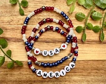 Patriotic Beaded Bracelets Red White Blue Stack