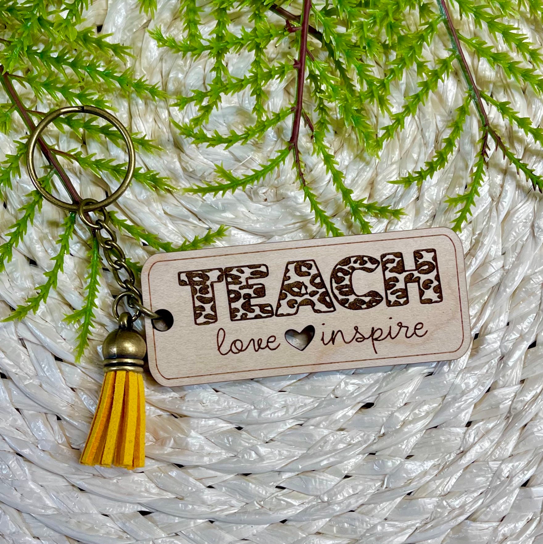 Leopard Teach Love Wood Keychain view 1