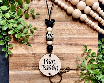 Teacher Leopard Mouse Ear Lanyard