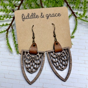 Lightweight Teardrop Wooden Earrings – Boho Dangles with Leather Detail