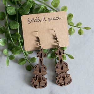 Fiddle Earrings, Violin Earrings, Wood Earrings, Wooden Earrings, Wood Jewelry, Wooden Jewelry, Lightweight Earrings, Earrings