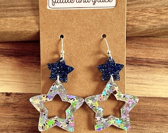 Patriotic Star Earrings Red White Blue Dangle Earrings 4th of July Jewelry