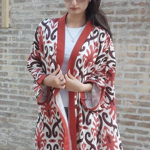 Lange usbekische Ikat Kimono Robe: Baumwollmischung Strandvertuschung