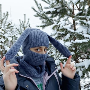Bunny Ski Mask, Gray Balaclava,  Funny Hat Winter Balaclava with Bunny Ears,  Playful Unisex Ski Mask