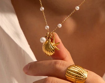 Shell Necklace  •  Retro Pearl Chain • 18K Gold Plated   • Waterproof Beach Jewelry  • Boho Necklace  • Luxury Jewelry