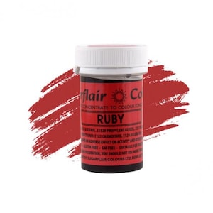 May include: A small, round jar of red food coloring concentrate labeled "flair Co. CONCENTRATE TO COLOUR ICONS RUBY".
