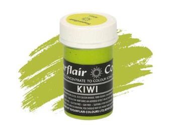 May include: A small green plastic bottle of kiwi-colored food coloring concentrate. The bottle has a white lid with a yellow label that says "Sugarflair" and a sun graphic. The label also says "Concentrate to Colour Icing" and "Kiwi".