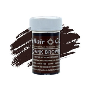 May include: A small, round jar of dark brown food coloring concentrate. The jar has a white lid and a label that says "Sugarflair Co. Dark Brown" and includes instructions for use in cake decoration.