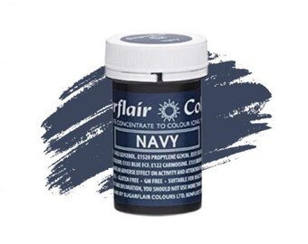 May include: A small, round jar of navy blue food coloring concentrate. The jar has a white lid and a label that says "Sugarflair Concentrate to Colour Icing Navy".