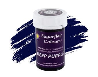 May include: A small, round jar of deep purple food coloring. The jar is labeled "Sugarflair Colours" and "Deep Purple". It is a spectral paste concentrate for coloring icing, marzipan, and other food items.