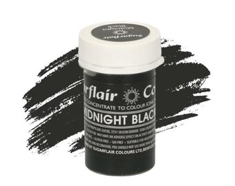 May include: A small, round jar of black food coloring concentrate labeled "Sugarflair Midnight Black Concentrate to Colour Icing".
