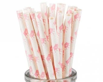 Princess Pink Royal Crowns Paper Straws 25/pkg