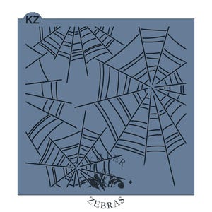 May include: A blue plastic stencil featuring a spiderweb design. The stencil is labelled "KZ" and "ZEBRAS" in black text.