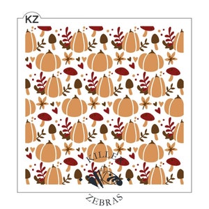 May include: A white background with a repeating pattern of orange pumpkins, brown mushrooms, red hearts, and brown leaves. The pattern is perfect for fall-themed crafts and projects.