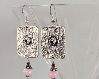 silver pierced earrings ~FILLED with LOVE~ dangle earrings, Rose Quartz, Garnet, pink, gifts for her, crystal energy, girlie things, stone