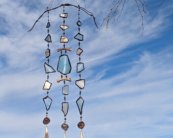 glass wall hanging suncatcher ~ REBIRTH ~ upcycled recycled, bones and teeth, Primitive Art, glass art, hippie home, found objects, witchy