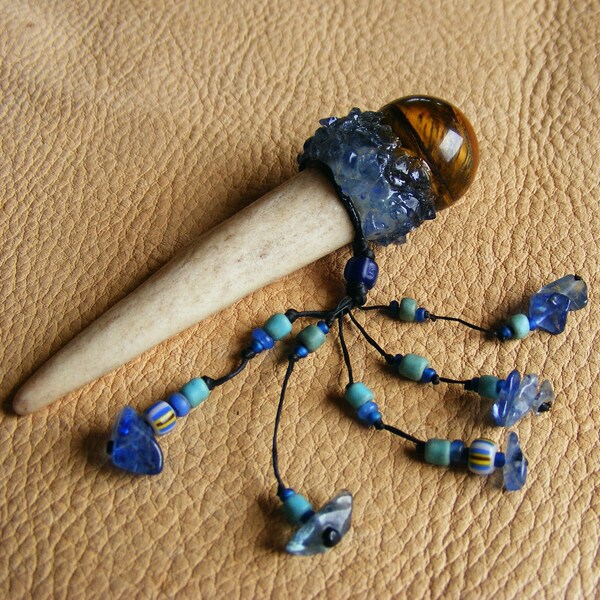 PERSONAL POWER wand with Tigers Eye, Blue Quartz, Deer Antler tip
