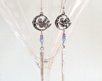 silver drop earrings ~CUPID~ gifts for her, boho style, pewter, Love, witchy things, purple, silver jewelry, one-of-a-kind