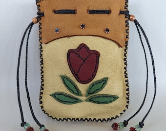 leather drawstring pouc ~TULIP~ medicine bag, spring flowers, goddess gardener bag, seed bag, Hope and peace, hippie boho, deerskin bag