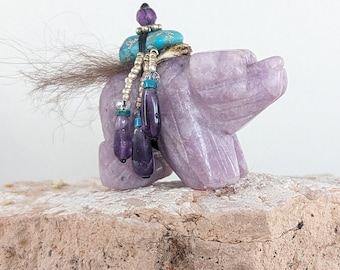 Bear fetish ~CHANGE is COMING~ Native American style, Bear Totem, goddess fae art, purple stones, altar piece, tribal, primitive, Bear FUR