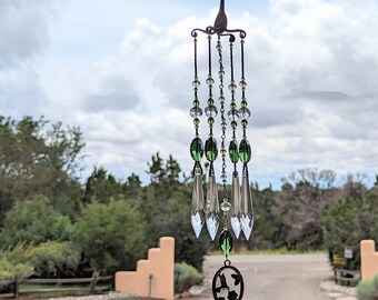 silverware suncatcher ~HUMMINGBIRD~ garden art, window decor, glass art, green glass, hippie home, cabin decor, bird watcher, rainbows