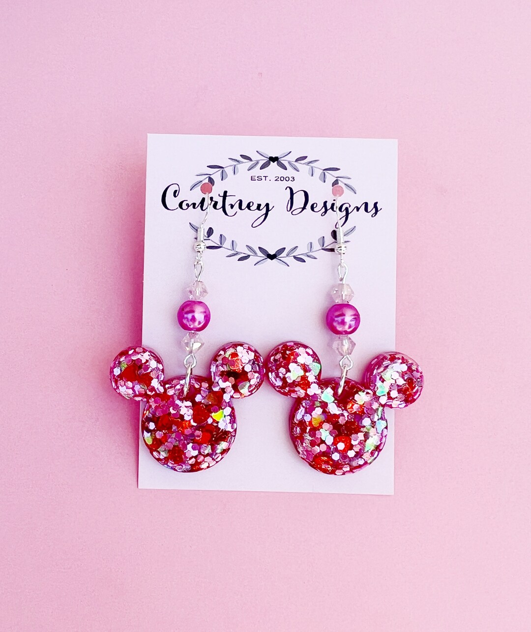 Disney Inspired Hot Rose Pink Glitter Mickey Mouse Earrings Disney