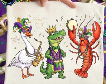 Fat Tuesday Mardi Gras PNG, Funny Animal Crocodile Crawfish Goose Design, Fleur De Lis Graphic, Matching Shirt PNG, Digital File