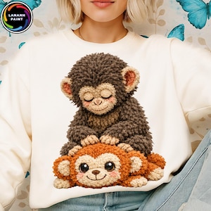 May include: Cream-colored sweatshirt featuring a detailed illustration of two plush monkeys. One monkey is brown and the other is orange, with closed eyes and rosy cheeks. The sweatshirt has a crew neck and long sleeves.