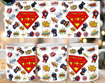 Superhero Dad 11oz Mug Template, Fathers Day Coffee Mug Png, Father's Day Superhero Fist Bumps Mug Wrap, Father 11oz Mug Png, Dad Mug Gift