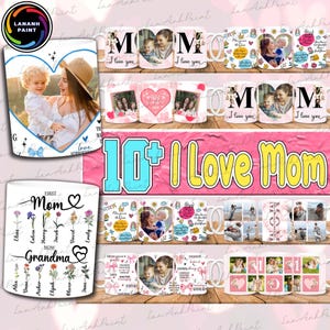 May include: A collection of 10+ white ceramic mugs with various designs featuring the word "Mom" and images of mothers and children. Some mugs have a heart shape with a photo frame, others have floral designs, and some have a colourful cartoon style. The mugs are perfect for a Mother's Day gift or any occasion to show appreciation for a mother.