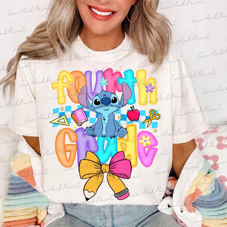 May include: A cream-colored t-shirt featuring a colorful graphic of the character Stitch sitting above the text Fourth Grade. The design includes school-themed icons like a pencil, a ruler, a book, scissors, an apple, and a large yellow bow.
