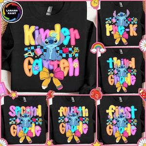 Blue Alien Back To School PNG Bundle, Cartoon First Day Of School Design, Preppy Pre-K To 4th Grade,Cartoon Pastel Bow Png, Cute School PNG