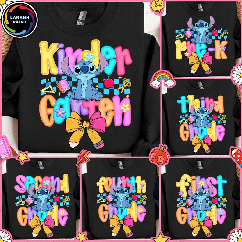 May include: A black sweatshirt featuring a graphic of the character Stitch surrounded by school-themed elements like pencils, apples, and books. The design includes colorful bubble lettering for grade levels such as Kindergarten, Pre-K, and First Grade.