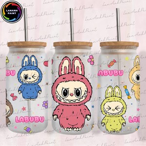 Divertente design a forma di cartone animato per avvolgere lattine da 16 once della Libbey, modello per bicchiere da caffè a forma di cartone animato, involucri per lattine in vetro rosa con personaggi dei cartoni animati, regalo per bambini.