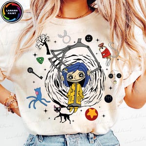 Personajes de películas de Halloween (Personajes), Ojos de botón (Personajes), Personajes de películas de dibujos animados (Personajes), Vibras espeluznantes (Personajes), Diseño de camiseta de Halloween